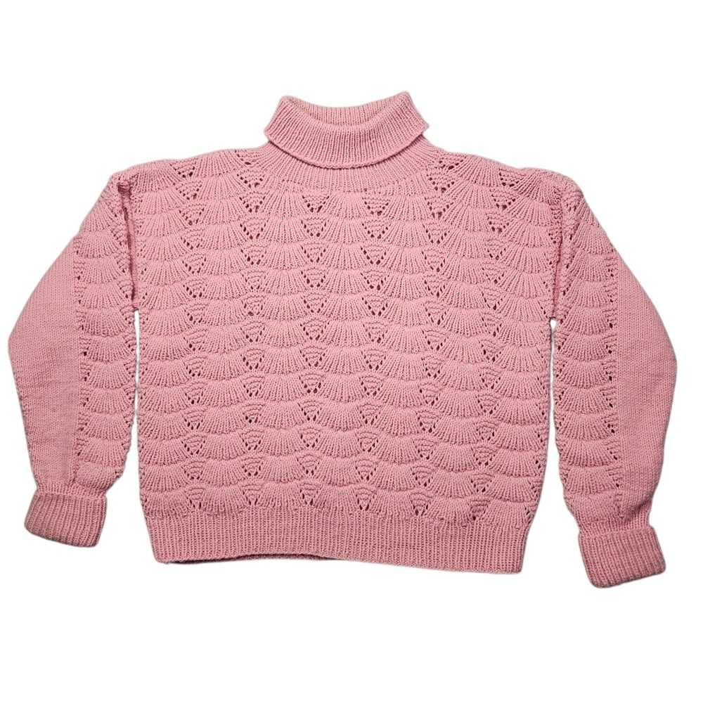 VTG Helga Rycraft Handmade Turtleneck Sweater Scalloped Pointelle Pink Sz L/XL